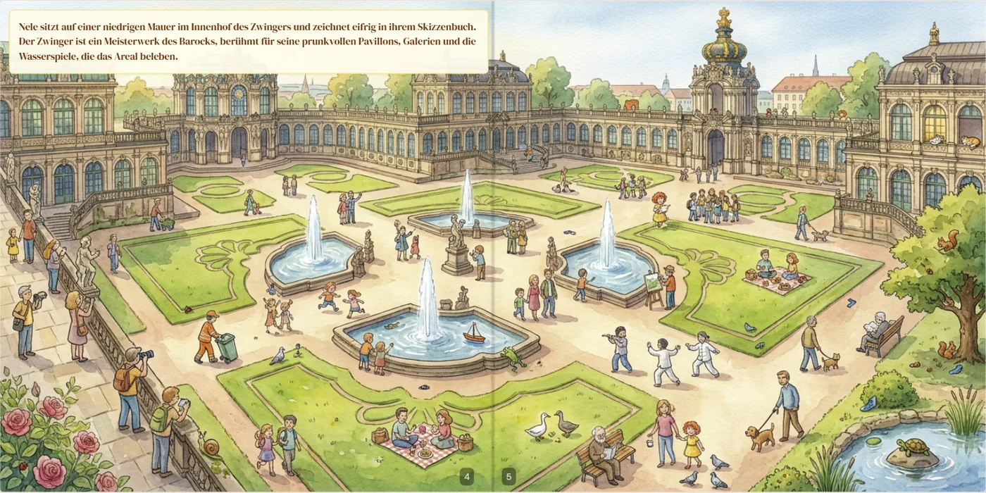 Wimmel-Doppelseite mit dem Dresdner Zwinger als Kulisse und vielen kleinen Szenen