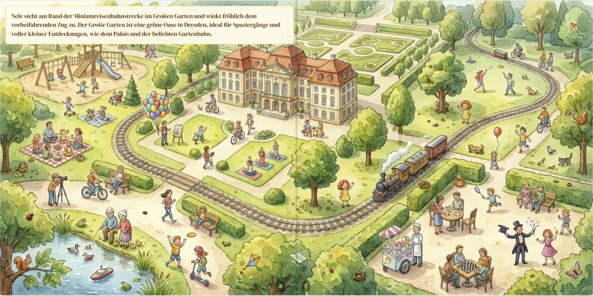 Wimmel-Doppelseite im Großen Garten mit Parkeisenbahn und vielen Details zum Suchen
