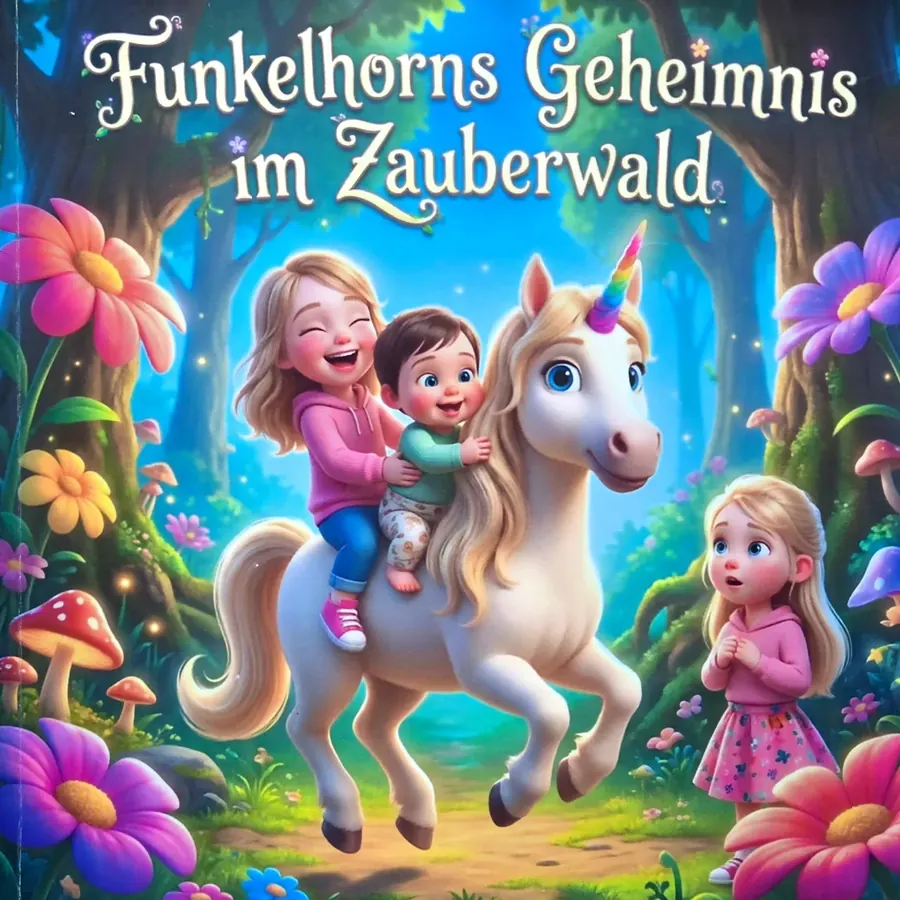 Cover „Funkelhorns Geheimnis im Zauberwald“ im 3D-Cartoon-Stil — ein gedrucktes personalisiertes Bilderbuch
