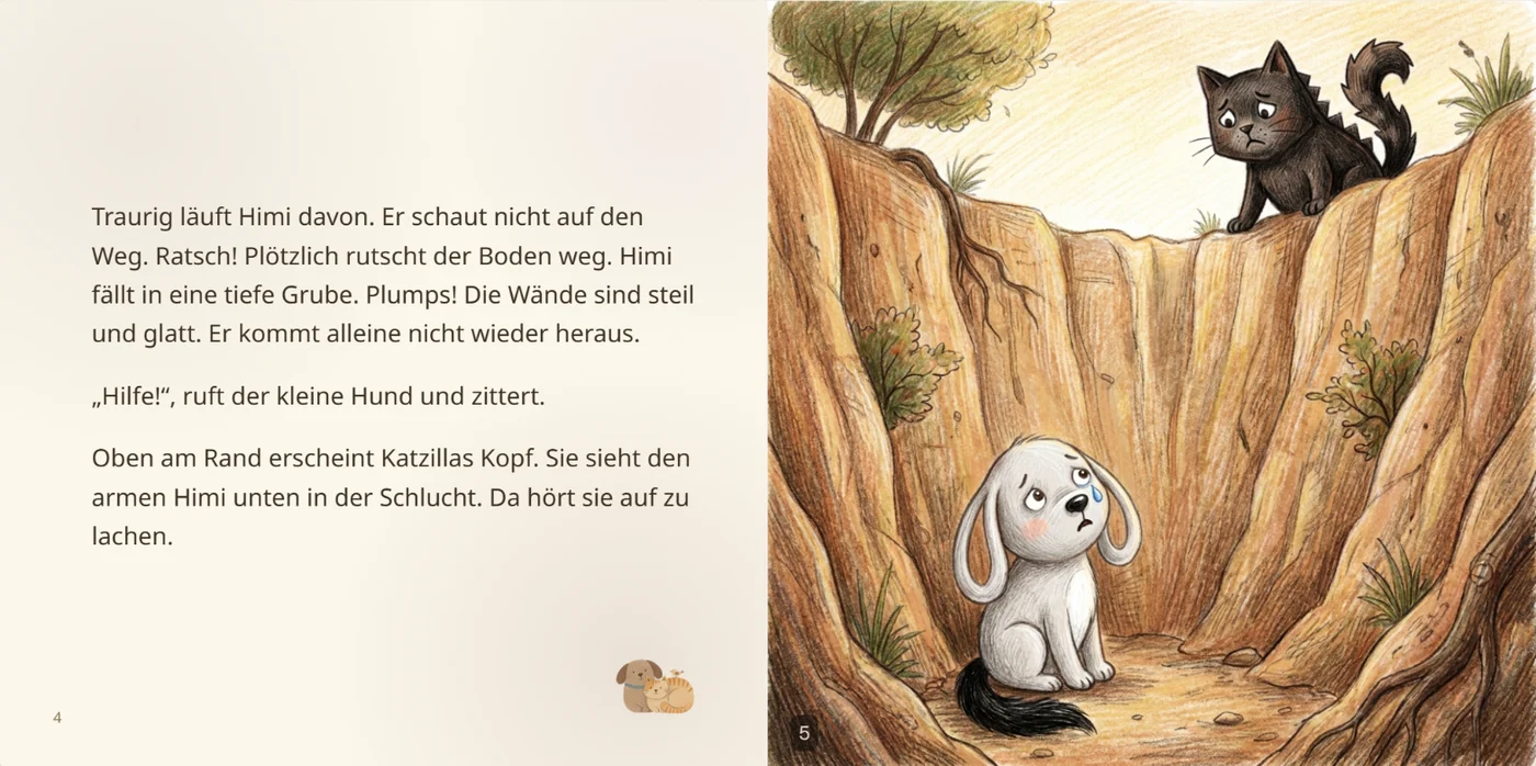 Doppelseite mit der aus einer Kinderzeichnung entstandenen Figur: links Text, rechts Illustration