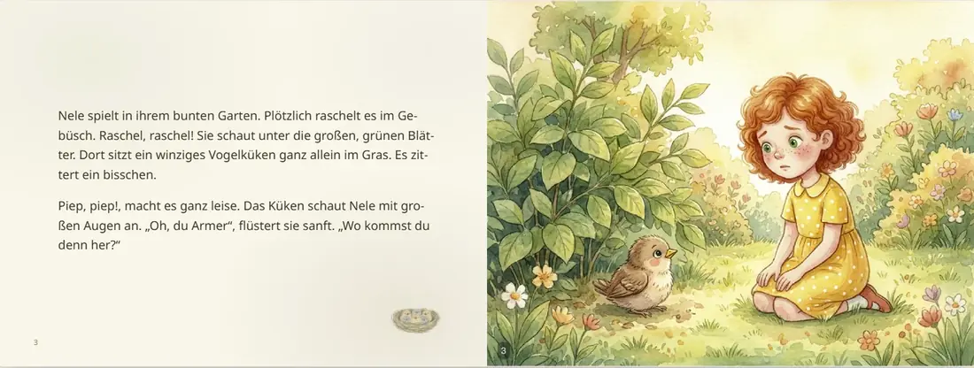 Aufgeschlagene Doppelseite: links der Vorlesetext, rechts die Illustration mit Nele und dem Vogel