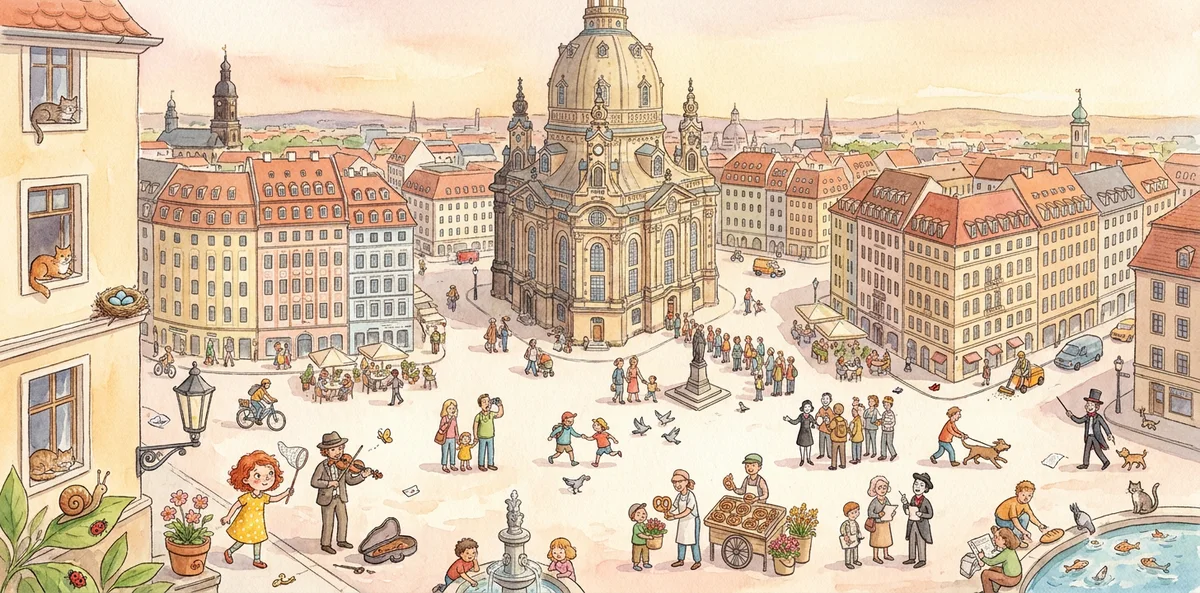 Innenseite aus „Neles Dresden-Abenteuer“: Neumarkt mit Frauenkirche