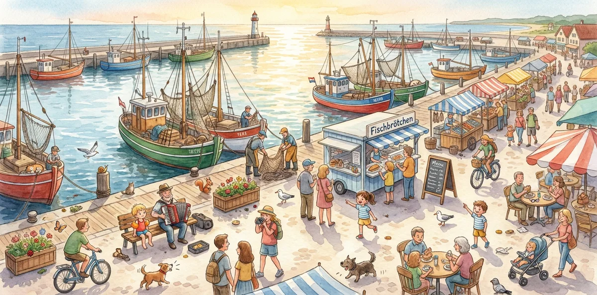 Innenseite aus „Mila & Bens Ostsee-Sommer“: der Fischerhafen am Abend