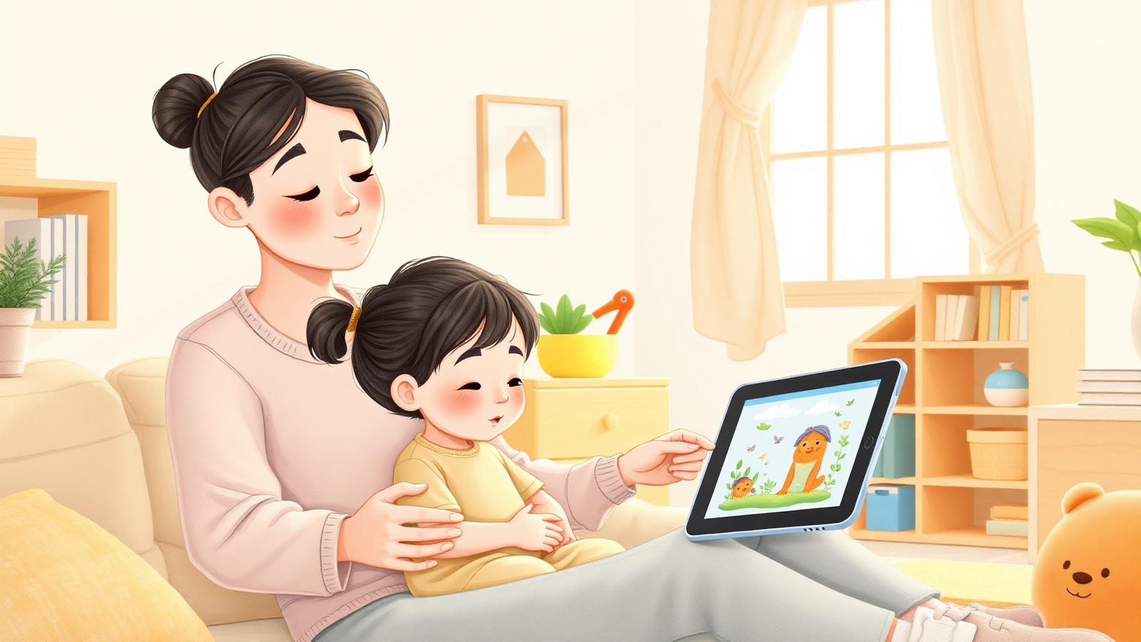 Elternteil und Kind schauen gemeinsam auf ein Tablet mit einer Buchillustration