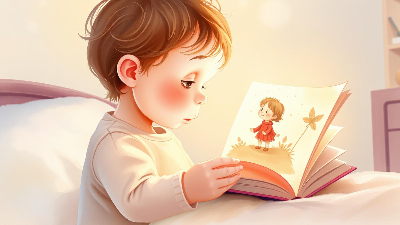 Kind betrachtet ein Buch, in dem es sich selbst sieht