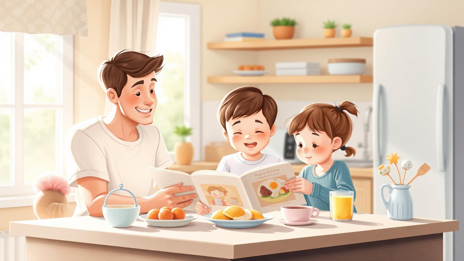 Familie liest morgens am Küchentisch zusammen