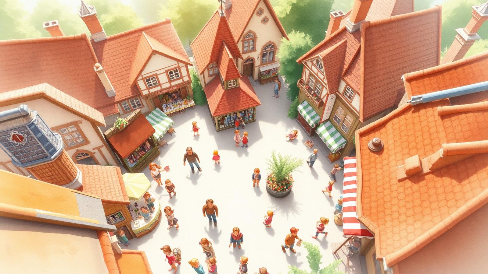 Wimmelbuch-Szene mit vielen kleinen Figuren auf einem Marktplatz
